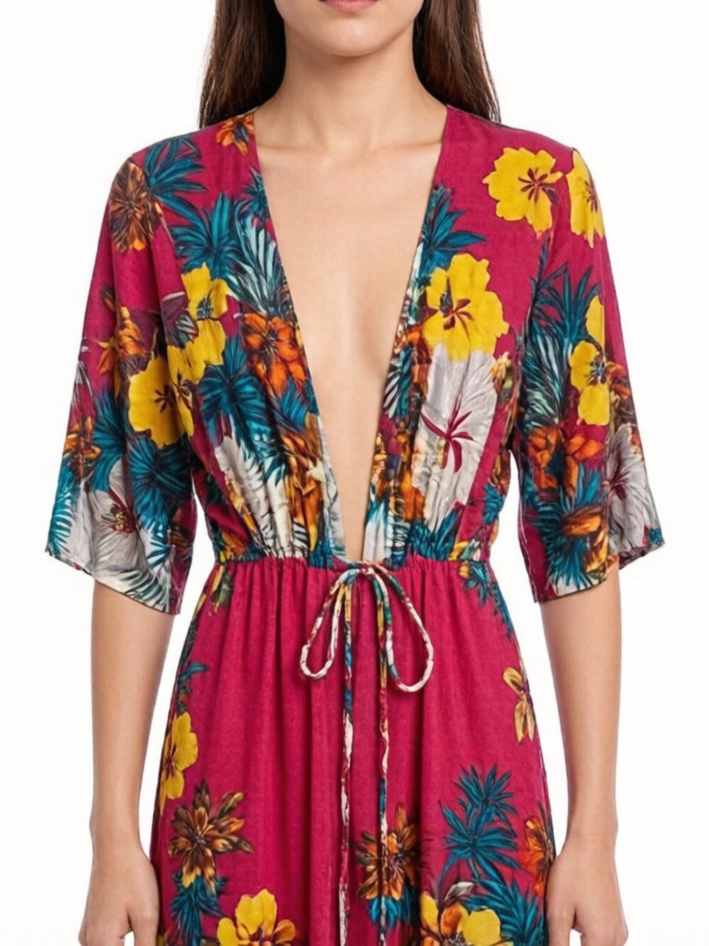 Janice Tropical Floral Print Maxi Kimono Cover Up Cardigan OS